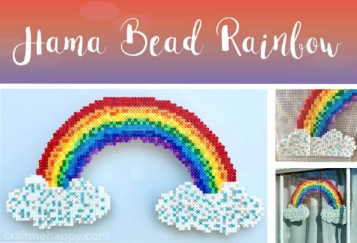 Arc-en-ciel et nuages en perles a repasser, creation finie et coloree