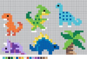Une bande de dinosaures colores en perles a repasser