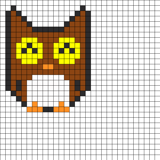 Modèle de petit hibou mignon marron et jaune en perles à repasser, grille pixel