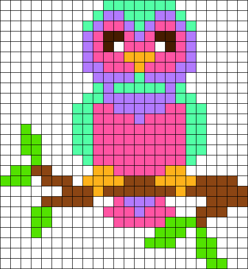 Modèle de hibou rose et turquoise perché sur une branche en perles à repasser, grille pixel